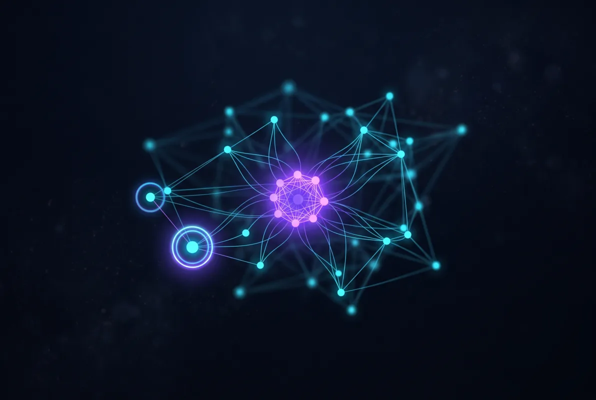 Constellation of connected glowing nodes with a violet core and a ringed node representing privacy protection