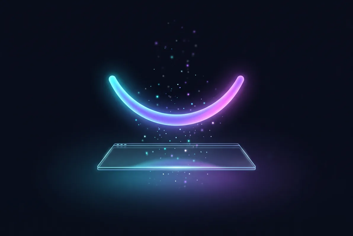 Elegant glowing arc of cyan and violet light suggesting a smile, floating above a translucent glass browser window