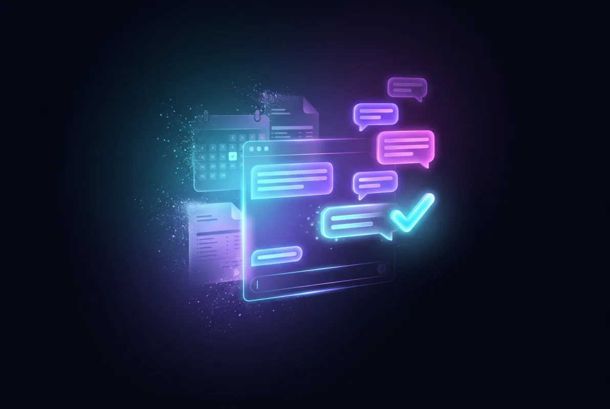 Glowing chat interface with message bubbles, a calendar and an invoice dissolving into particles, and a bright approval checkmark