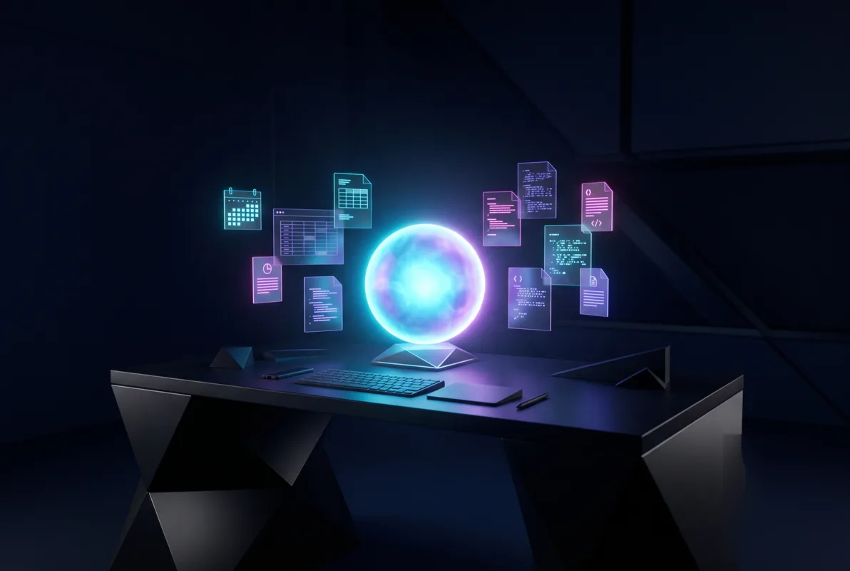 A glowing orb of cyan and violet light on a dark desk, surrounded by floating holographic documents and calendars — an AI teammate at work